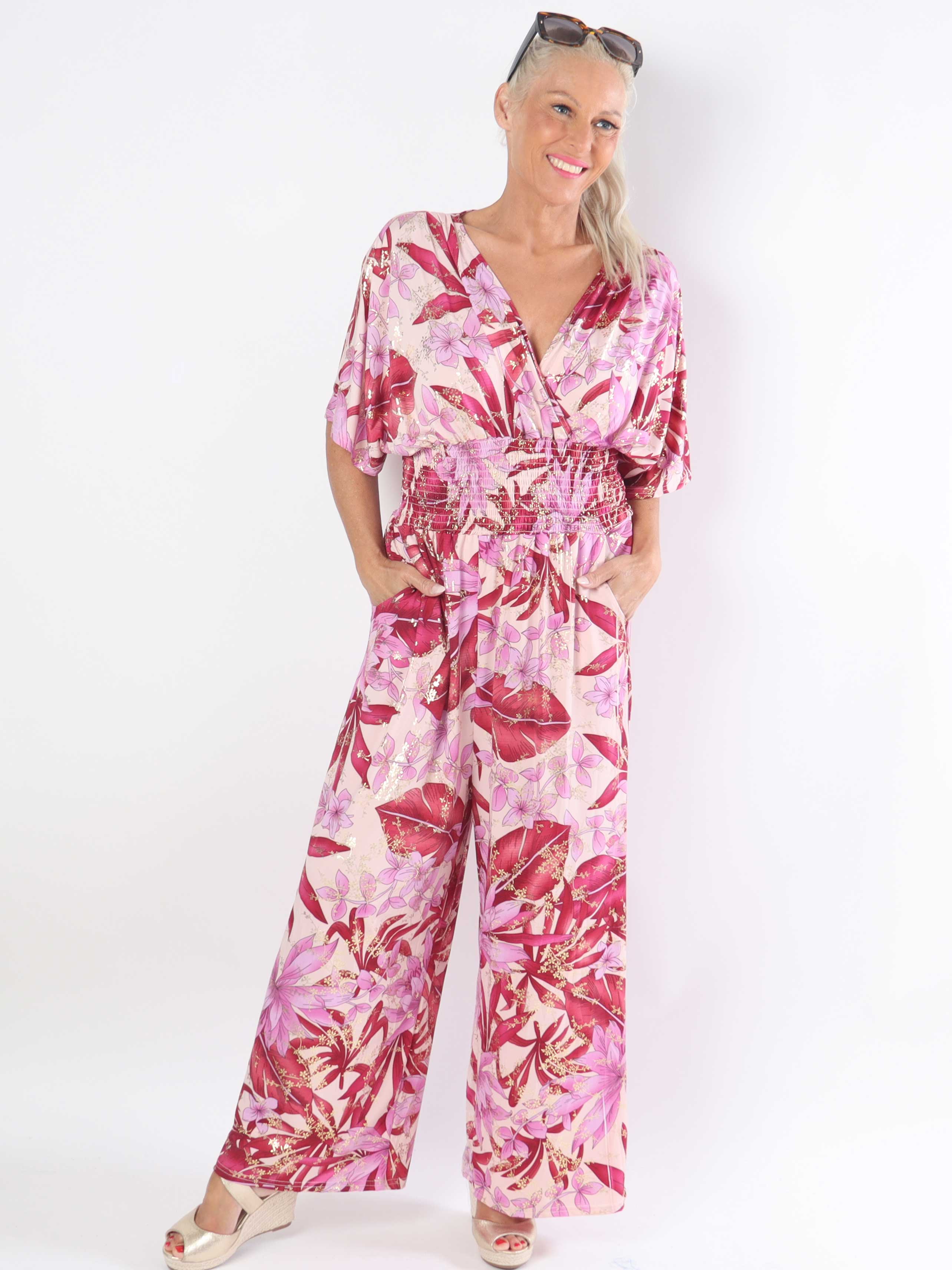 Pams Jumpsuit - Elastisk plus size buksedragt med bladmønster